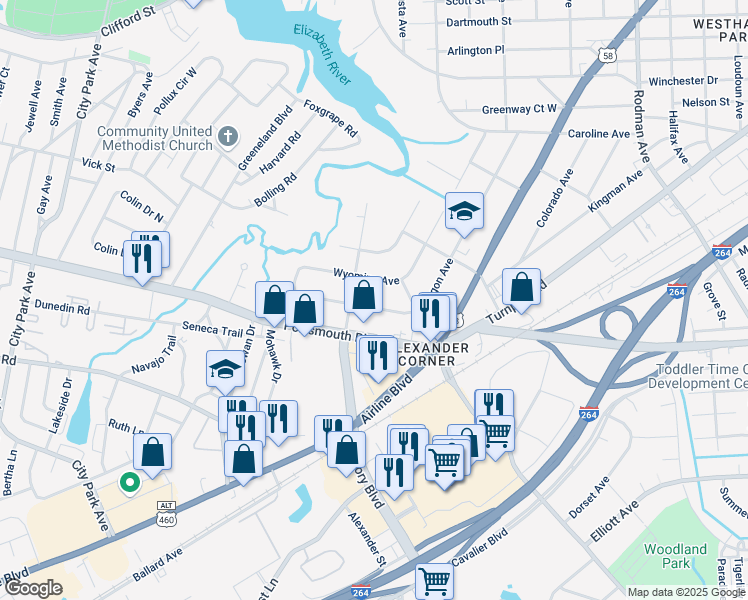 map of restaurants, bars, coffee shops, grocery stores, and more near 109 Wyoming Avenue in Portsmouth
