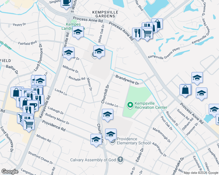map of restaurants, bars, coffee shops, grocery stores, and more near 4928 Gulfstream Circle in Virginia Beach