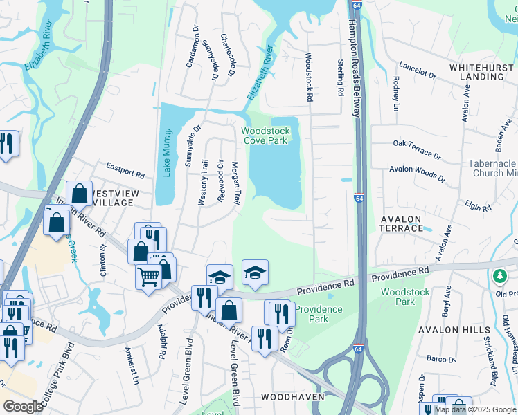 map of restaurants, bars, coffee shops, grocery stores, and more near 5936 Woodstock Court in Virginia Beach