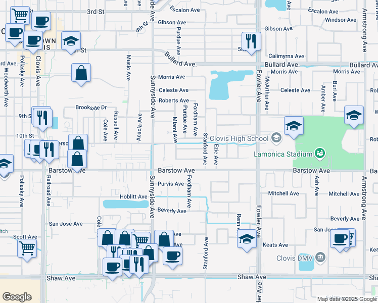 map of restaurants, bars, coffee shops, grocery stores, and more near 1540 Lincoln Avenue in Clovis