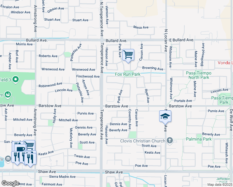 map of restaurants, bars, coffee shops, grocery stores, and more near 2646 Robinwood Avenue in Clovis
