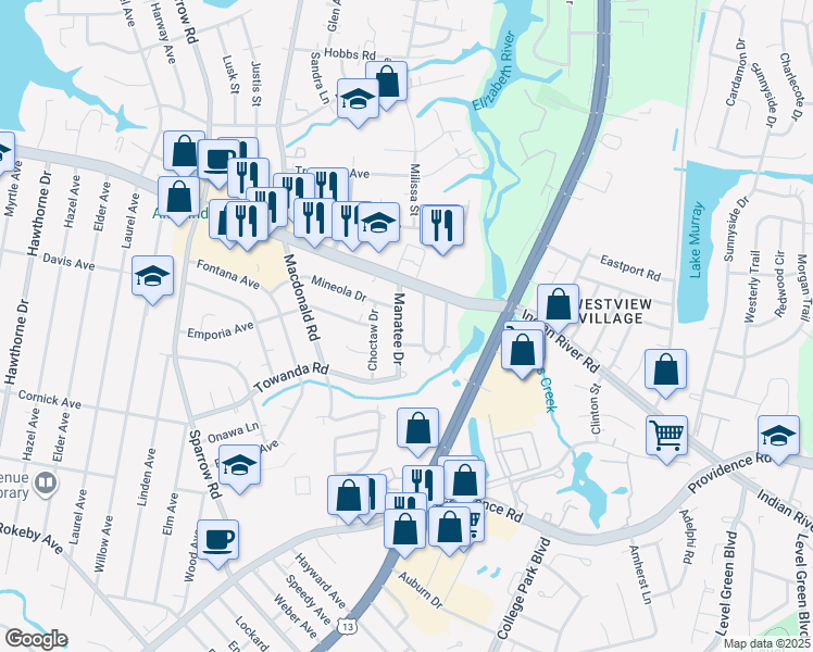 map of restaurants, bars, coffee shops, grocery stores, and more near 1109 Leland Circle in Virginia Beach