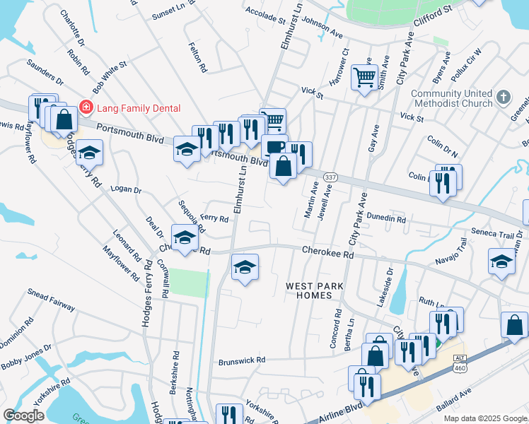 map of restaurants, bars, coffee shops, grocery stores, and more near 505 Apache Road in Portsmouth