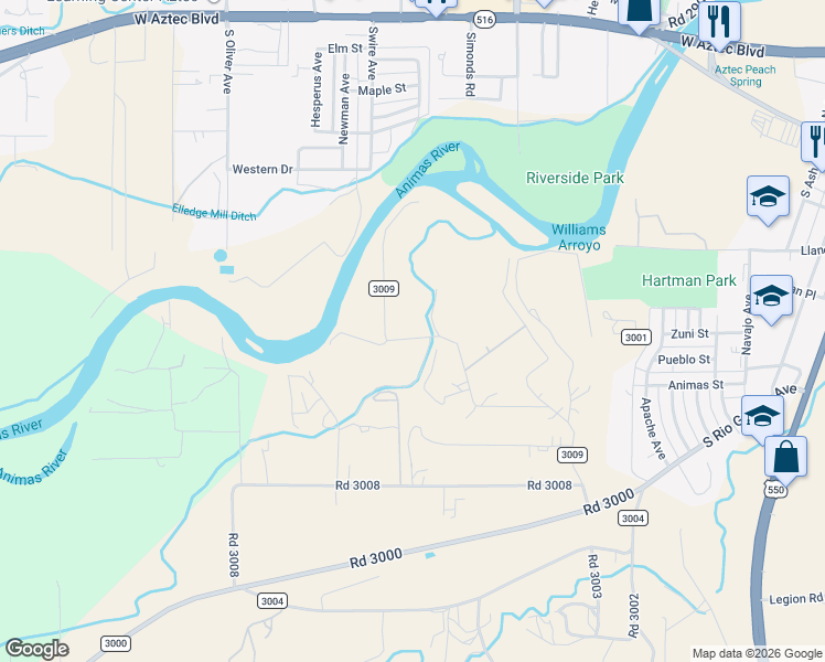 map of restaurants, bars, coffee shops, grocery stores, and more near 64 County Road 3009 in Aztec