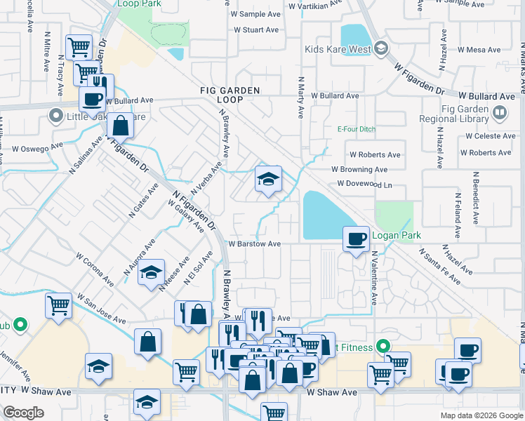 map of restaurants, bars, coffee shops, grocery stores, and more near 3687 West Pomegranate Lane in Fresno