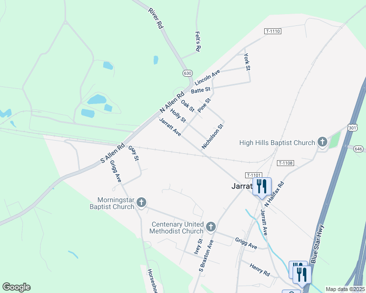 map of restaurants, bars, coffee shops, grocery stores, and more near 305 Jarratt Avenue in Jarratt