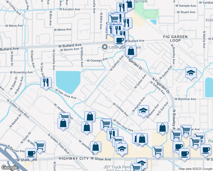 map of restaurants, bars, coffee shops, grocery stores, and more near 4443 West Avalon Avenue in Fresno