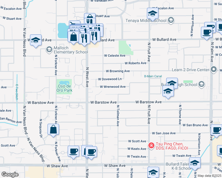 map of restaurants, bars, coffee shops, grocery stores, and more near 1647 West Wrenwood Avenue in Fresno
