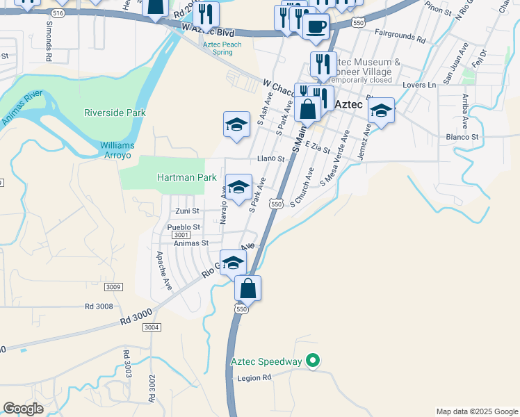 map of restaurants, bars, coffee shops, grocery stores, and more near 5146 7 8 Park Avenue in Aztec
