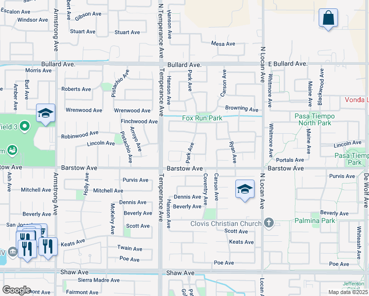 map of restaurants, bars, coffee shops, grocery stores, and more near 2646 Robinwood Avenue in Clovis
