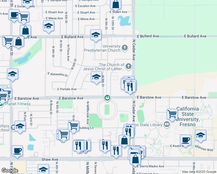map of restaurants, bars, coffee shops, grocery stores, and more near 5494 North 9th Street in Fresno