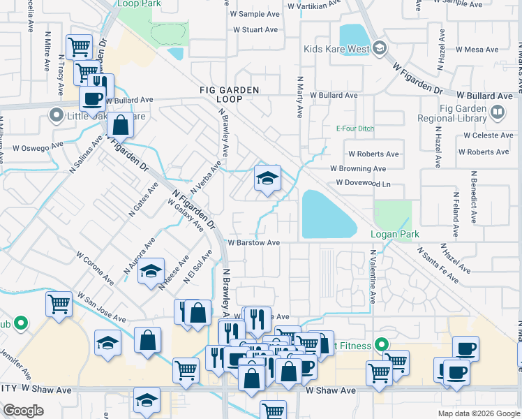 map of restaurants, bars, coffee shops, grocery stores, and more near 3687 West Pomegranate Lane in Fresno