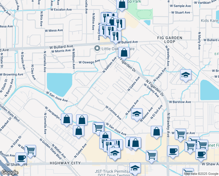 map of restaurants, bars, coffee shops, grocery stores, and more near 5451 North Gates Avenue in Fresno