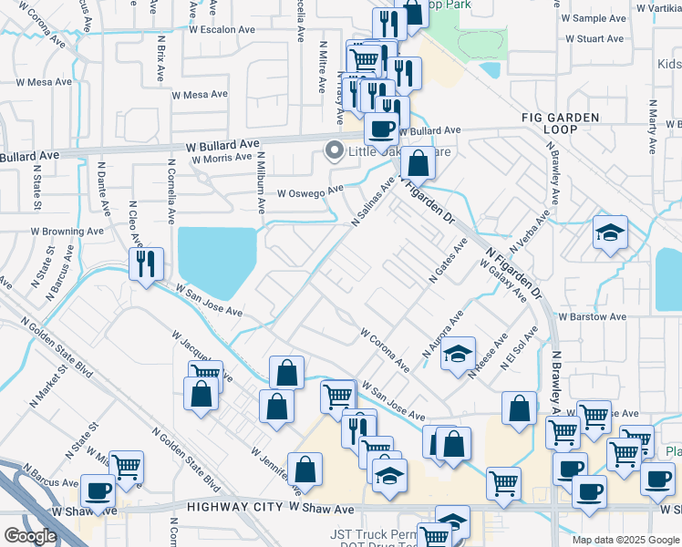 map of restaurants, bars, coffee shops, grocery stores, and more near 4443 West Avalon Avenue in Fresno