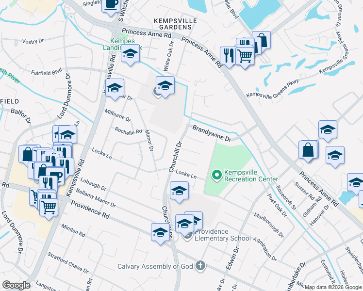 map of restaurants, bars, coffee shops, grocery stores, and more near 4928 Gulfstream Circle in Virginia Beach