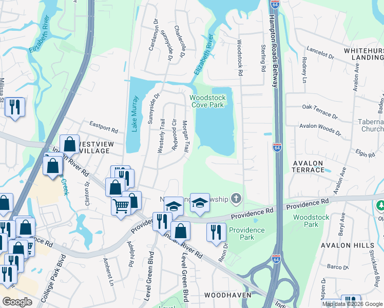 map of restaurants, bars, coffee shops, grocery stores, and more near 856 Morgan Trail in Virginia Beach