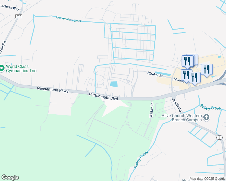 map of restaurants, bars, coffee shops, grocery stores, and more near 5032 Portsmouth Boulevard in Chesapeake