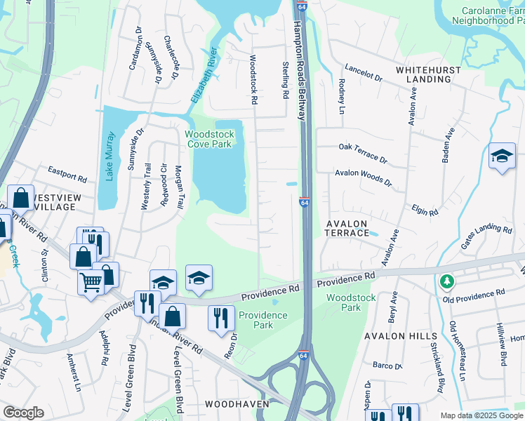 map of restaurants, bars, coffee shops, grocery stores, and more near 764 Woodstock Road in Virginia Beach