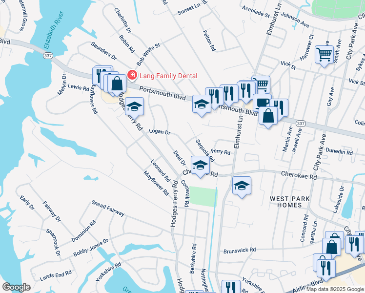 map of restaurants, bars, coffee shops, grocery stores, and more near 215 Logan Drive in Portsmouth