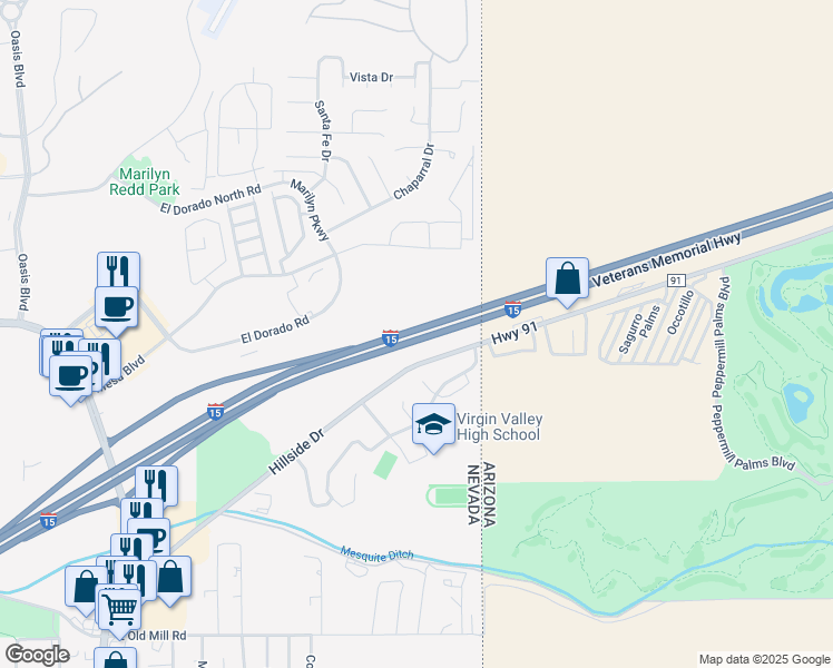 map of restaurants, bars, coffee shops, grocery stores, and more near 926 Hillside Drive in Mesquite