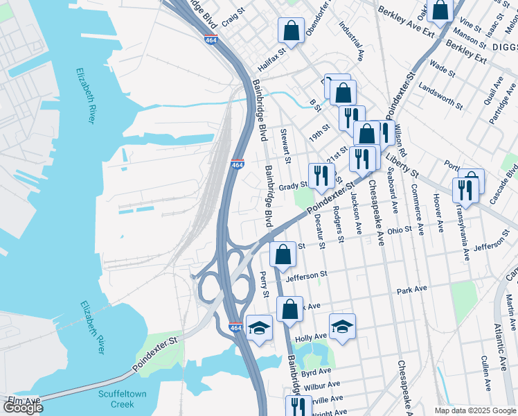 map of restaurants, bars, coffee shops, grocery stores, and more near 33 Grady Crescent in Chesapeake