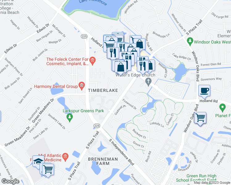 map of restaurants, bars, coffee shops, grocery stores, and more near 706 Spence Circle in Virginia Beach