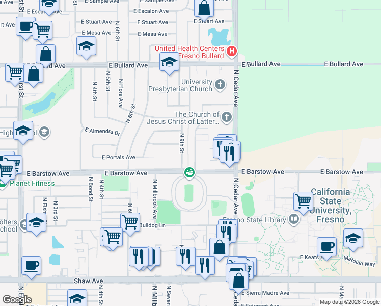 map of restaurants, bars, coffee shops, grocery stores, and more near 5449 North 10th Street in Fresno