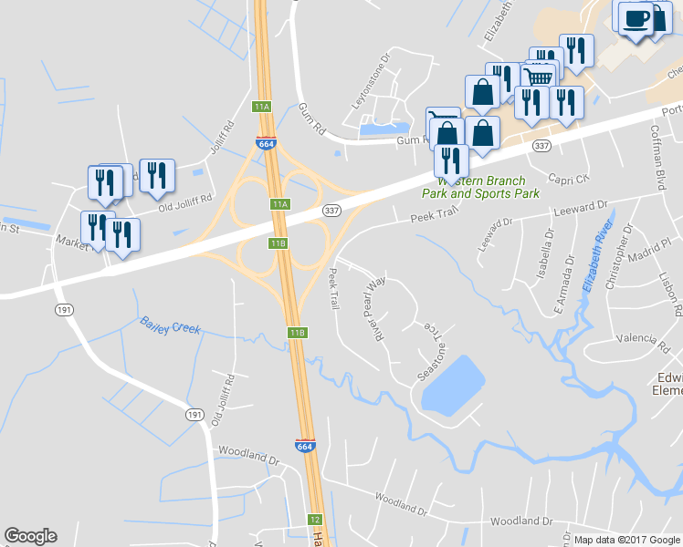 map of restaurants, bars, coffee shops, grocery stores, and more near 2004 Waterstone Cove in Chesapeake