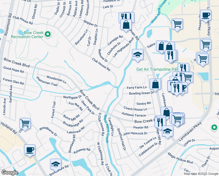 map of restaurants, bars, coffee shops, grocery stores, and more near 617 South Club House Road in Virginia Beach