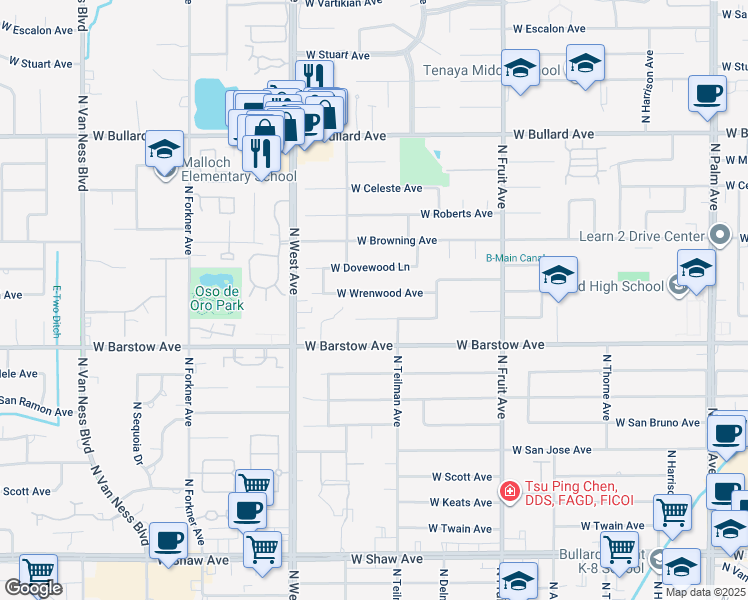 map of restaurants, bars, coffee shops, grocery stores, and more near 1647 West Wrenwood Avenue in Fresno