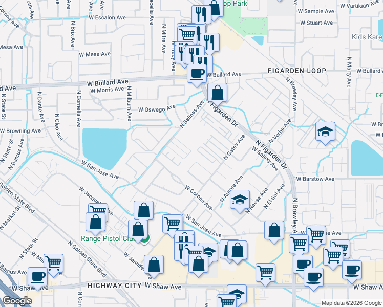 map of restaurants, bars, coffee shops, grocery stores, and more near 4402 West Avalon Avenue in Fresno