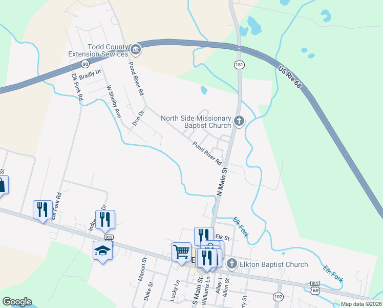 map of restaurants, bars, coffee shops, grocery stores, and more near 125-131 Pond River Road in Elkton