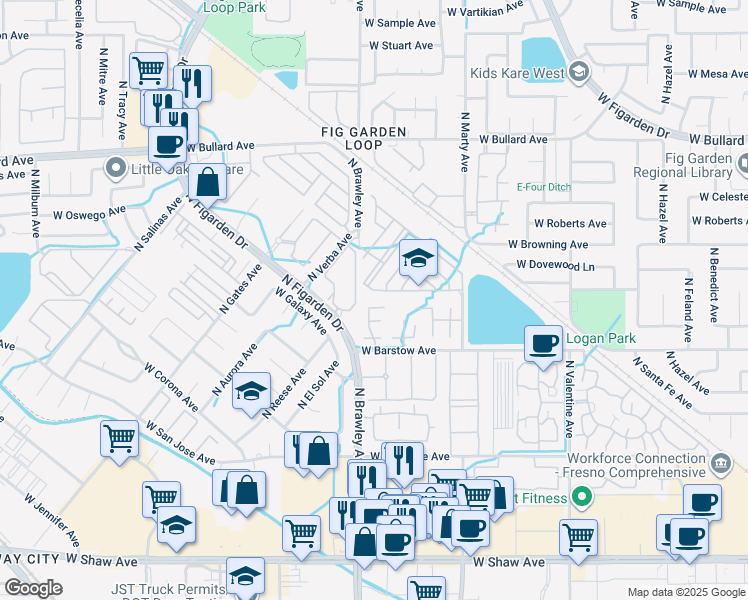 map of restaurants, bars, coffee shops, grocery stores, and more near 3770 West Barstow Avenue in Fresno