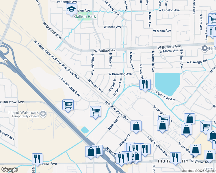 map of restaurants, bars, coffee shops, grocery stores, and more near 5514 North Delbert Avenue in Fresno