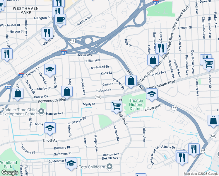 map of restaurants, bars, coffee shops, grocery stores, and more near 3223 Gwin Street in Portsmouth