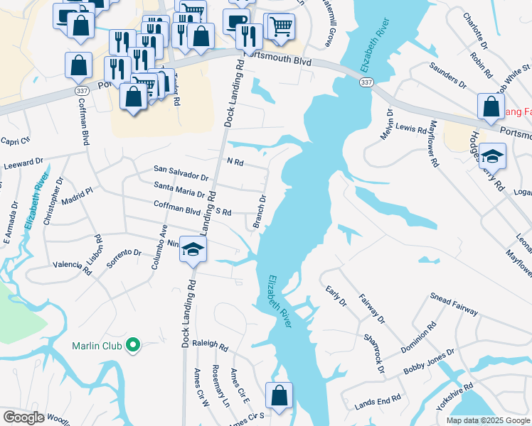 map of restaurants, bars, coffee shops, grocery stores, and more near 2229 Branch Drive in Chesapeake