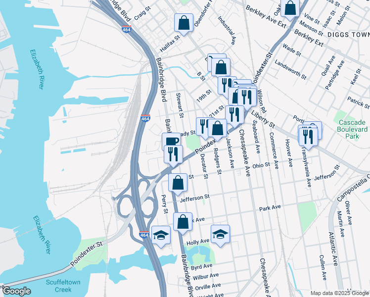 map of restaurants, bars, coffee shops, grocery stores, and more near 1009 Rena B. Wright Way in Chesapeake
