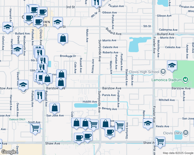 map of restaurants, bars, coffee shops, grocery stores, and more near in Clovis