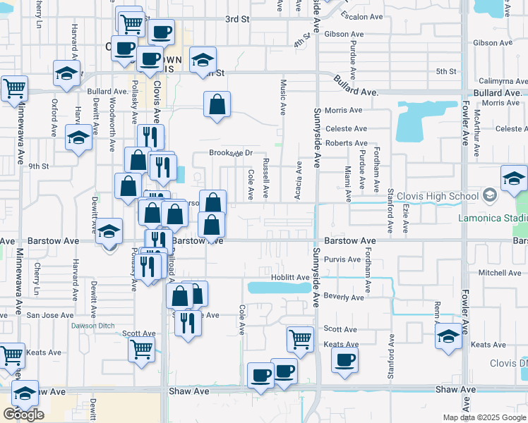 map of restaurants, bars, coffee shops, grocery stores, and more near 1142 Jefferson Avenue in Clovis