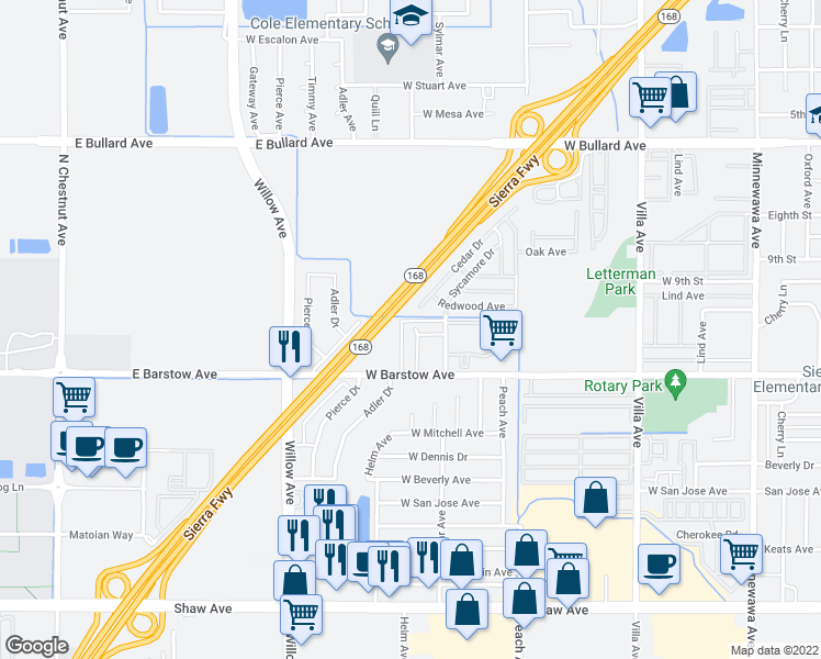map of restaurants, bars, coffee shops, grocery stores, and more near 581 West Lincoln Avenue in Clovis