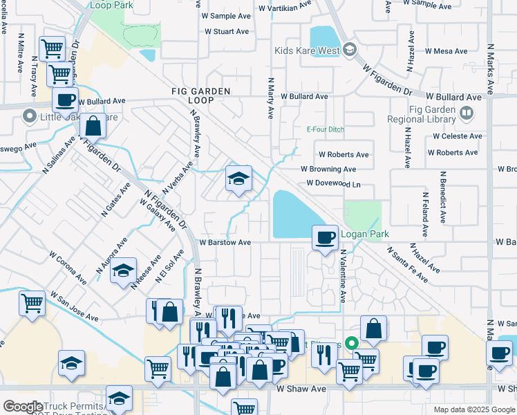 map of restaurants, bars, coffee shops, grocery stores, and more near 3630 West Pomegranate Lane in Fresno