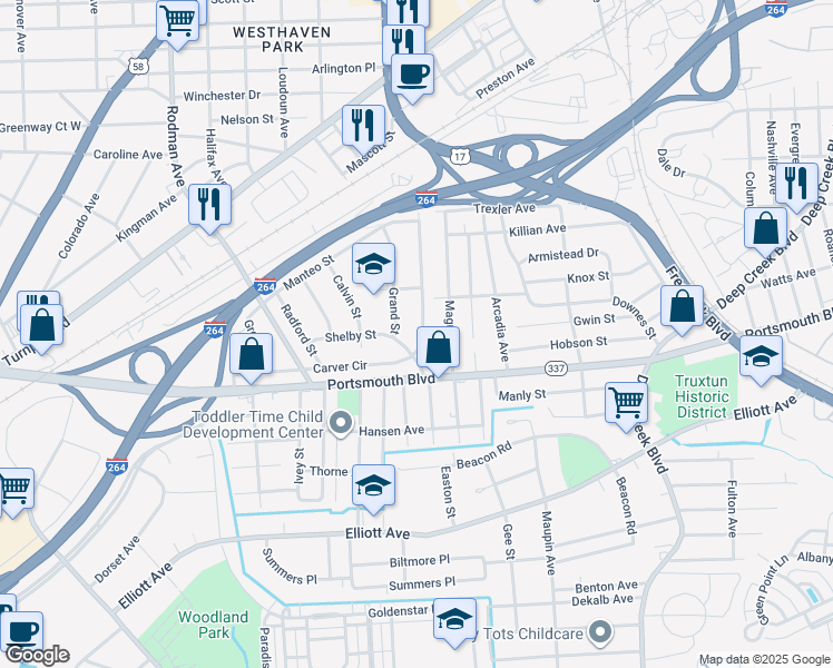 map of restaurants, bars, coffee shops, grocery stores, and more near 53 Grand Street in Portsmouth