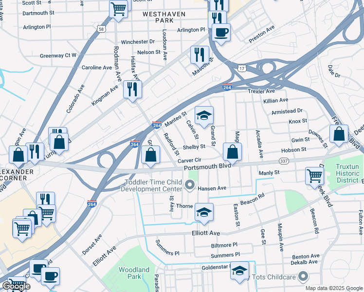 map of restaurants, bars, coffee shops, grocery stores, and more near 23 Neville Street in Portsmouth