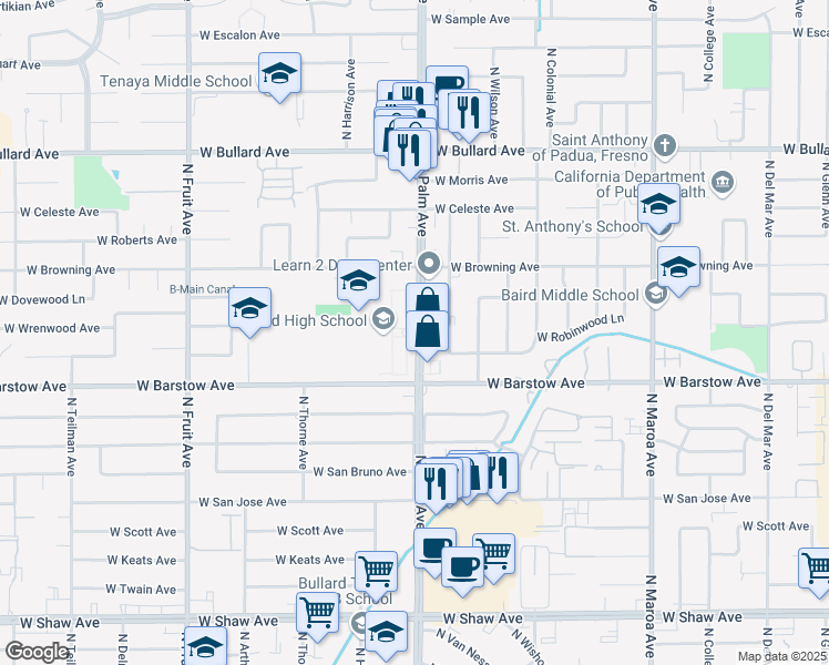 map of restaurants, bars, coffee shops, grocery stores, and more near 5445 North Palm Avenue in Fresno