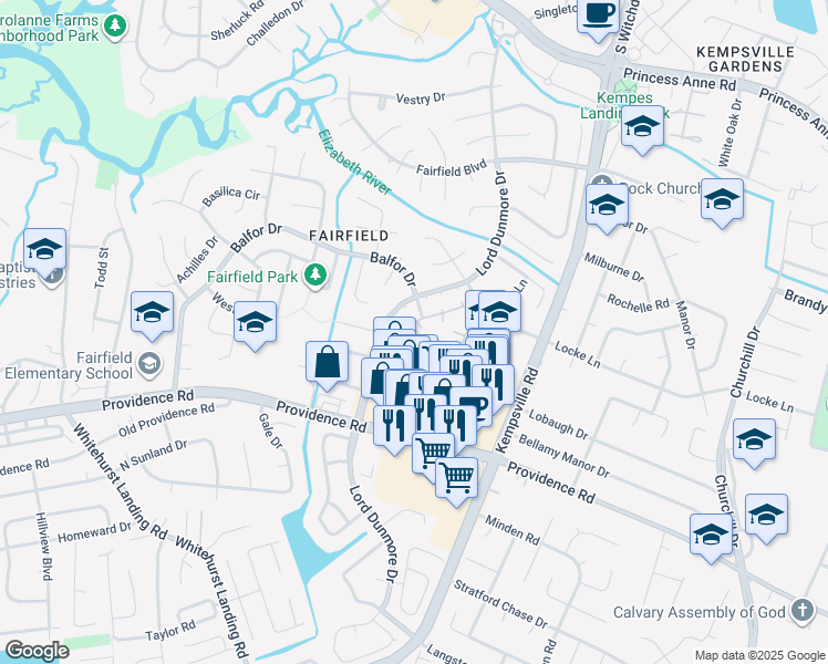 map of restaurants, bars, coffee shops, grocery stores, and more near 657 Oleander Circle in Virginia Beach