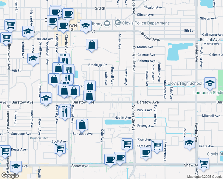 map of restaurants, bars, coffee shops, grocery stores, and more near 1142 Jefferson Avenue in Clovis