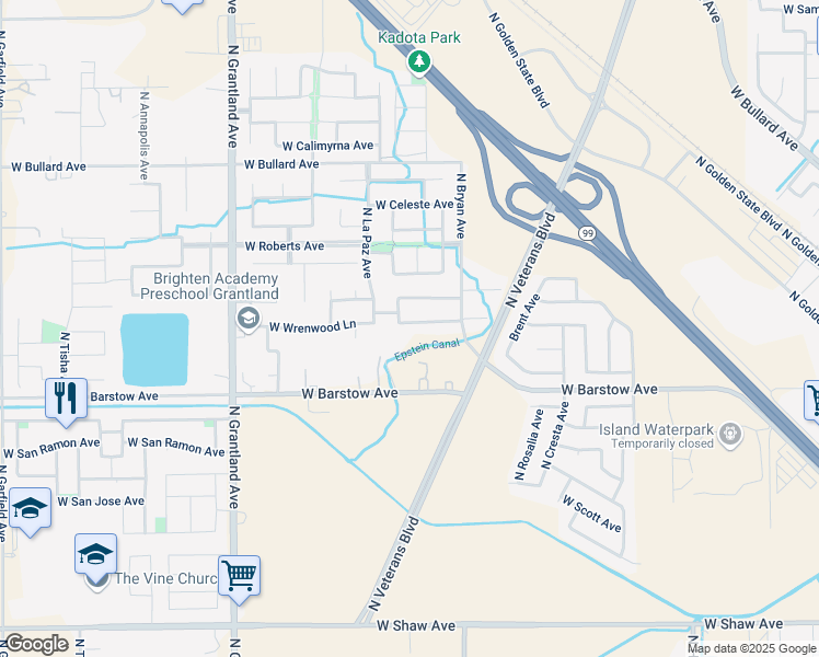 map of restaurants, bars, coffee shops, grocery stores, and more near 6625 West Wrenwood Lane in Fresno