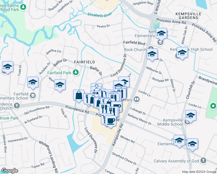 map of restaurants, bars, coffee shops, grocery stores, and more near 5200 Jasmine Court in Virginia Beach