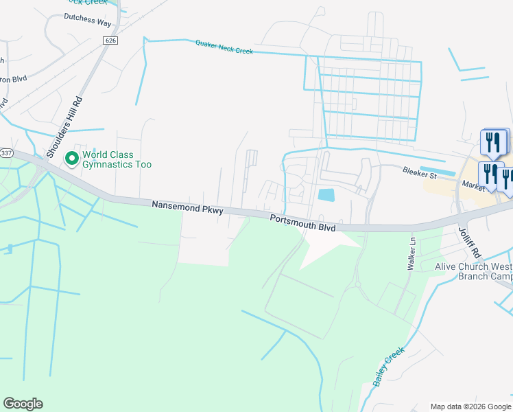 map of restaurants, bars, coffee shops, grocery stores, and more near 5062 Portsmouth Boulevard in Chesapeake