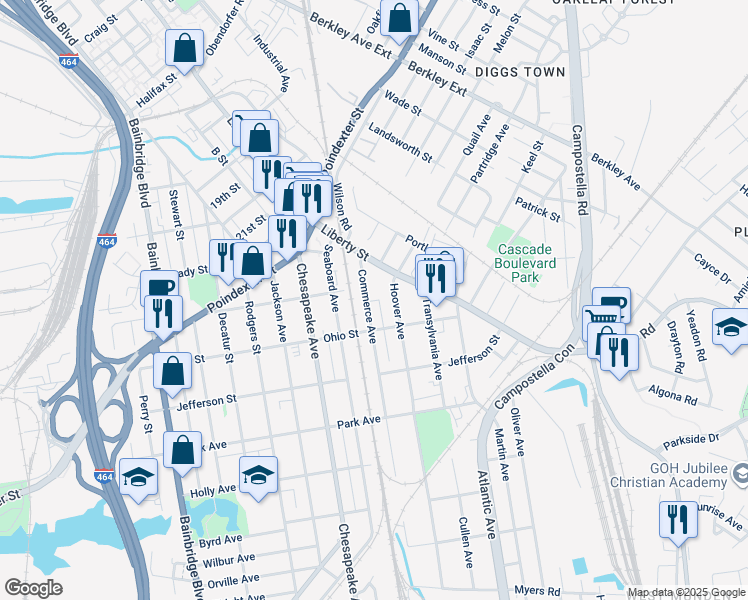 map of restaurants, bars, coffee shops, grocery stores, and more near 1124 Hoover Avenue in Chesapeake